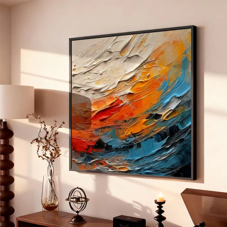 Colorful Abstract Ocean Wave Wall Art – Modern Textured Coastal Canvas Painting for Living Room Decor