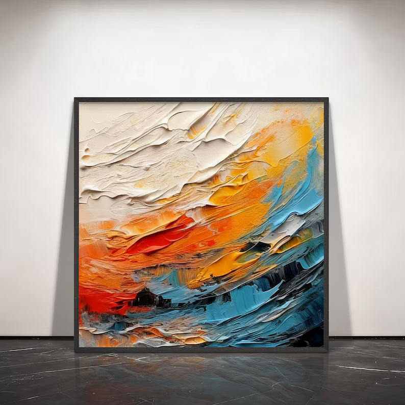 Colorful Abstract Ocean Wave Wall Art – Modern Textured Coastal Canvas Painting for Living Room Decor