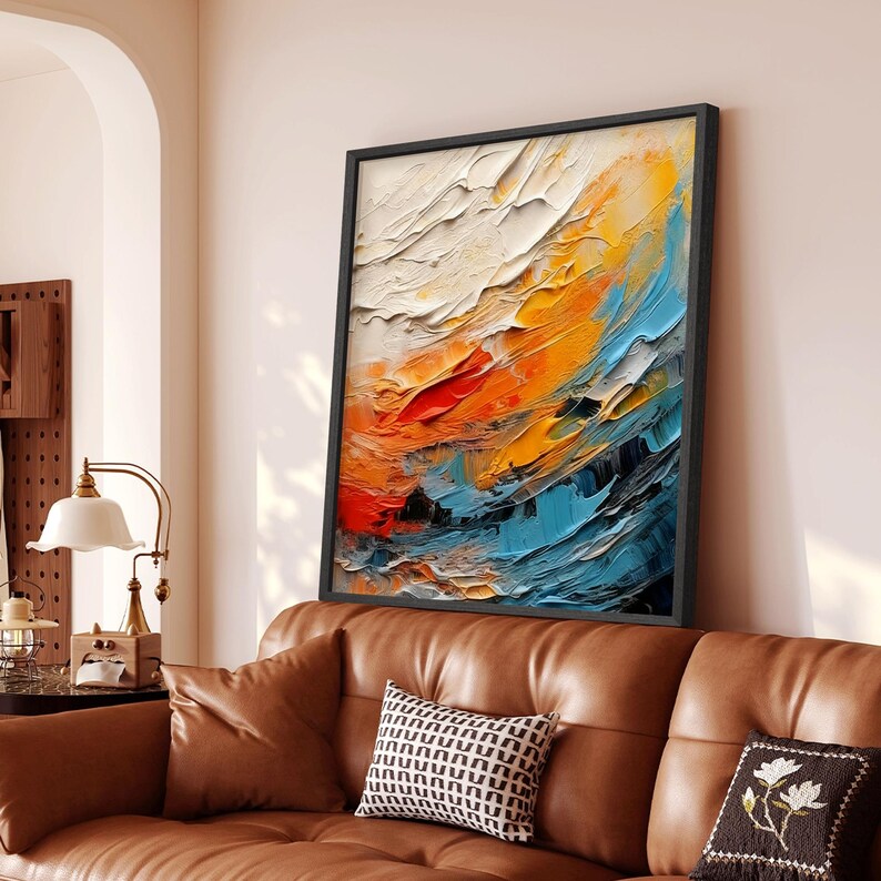 Colorful Abstract Ocean Wave Wall Art – Modern Textured Coastal Canvas Painting for Living Room Decor