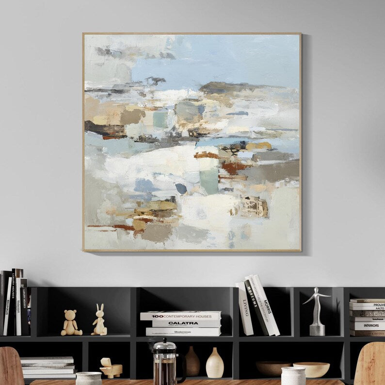 Large Neutral Abstract Landscape Wall Art – Modern Beige and Blue Canvas Painting for Living Room Decor
