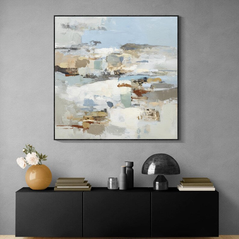 Large Neutral Abstract Landscape Wall Art – Modern Beige and Blue Canvas Painting for Living Room Decor