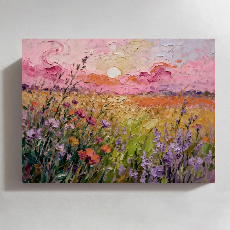 Large Wildflower Sunset Landscape Wall Art – Colorful Floral Field Oil Painting Canvas