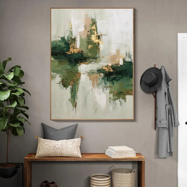 Large Green Abstract Landscape Wall Art – Modern Forest Tone Canvas Painting for Living Room Decor