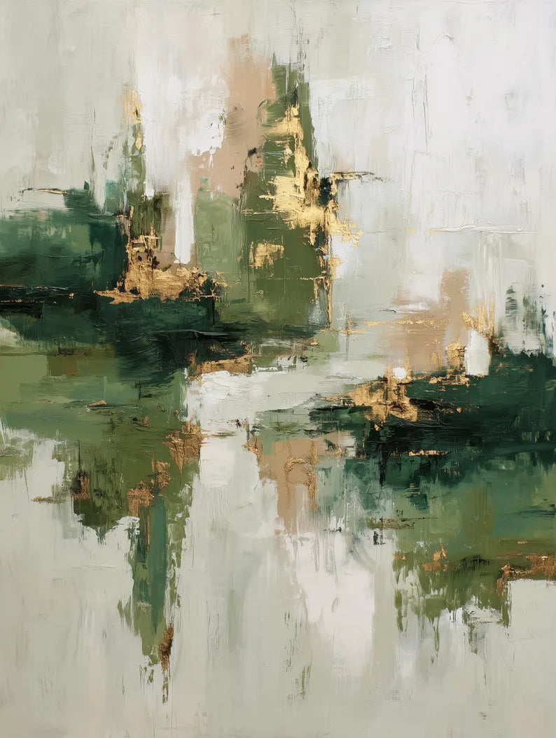 Large Green Abstract Landscape Wall Art – Modern Forest Tone Canvas Painting for Living Room Decor