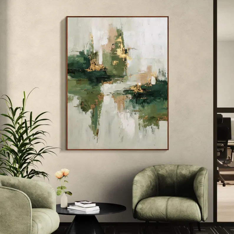 Large Green Abstract Landscape Wall Art – Modern Forest Tone Canvas Painting for Living Room Decor