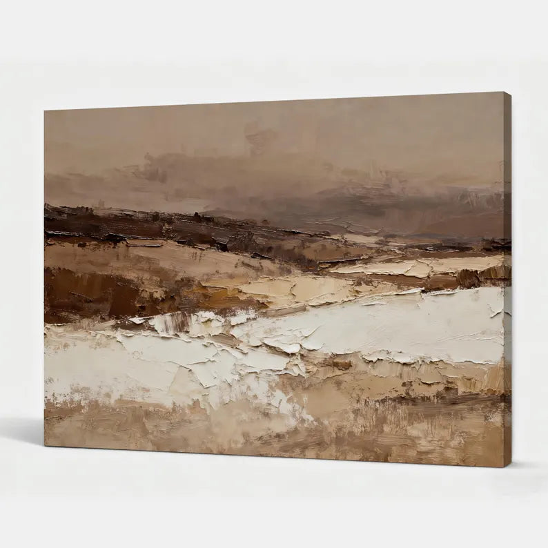 Neutral Abstract Landscape Wall Art – Modern Earth Tone Textured Canvas Painting for Living Room Decor