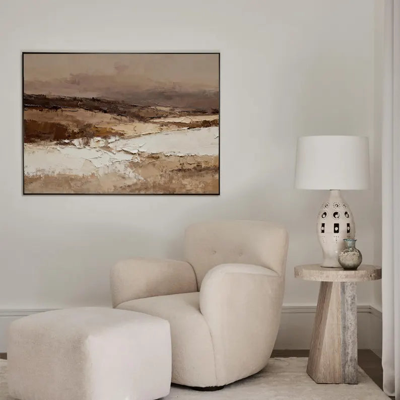 Neutral Abstract Landscape Wall Art – Modern Earth Tone Textured Canvas Painting for Living Room Decor