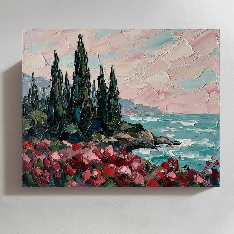 Coastal Flower Landscape Wall Art – Colorful Seaside Nature Canvas Painting for Living Room Decor