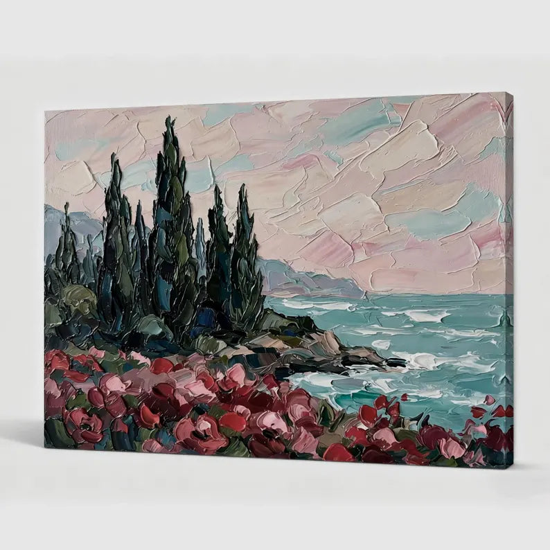 Coastal Flower Landscape Wall Art – Colorful Seaside Nature Canvas Painting for Living Room Decor