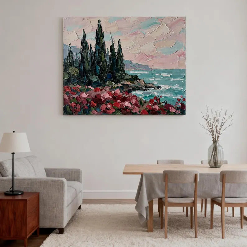 Coastal Flower Landscape Wall Art – Colorful Seaside Nature Canvas Painting for Living Room Decor