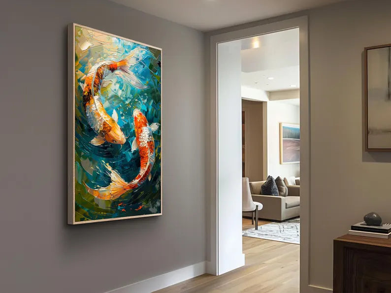 Large Koi Fish Wall Art – Colorful Abstract Koi Pond Canvas Painting for Living Room Decor