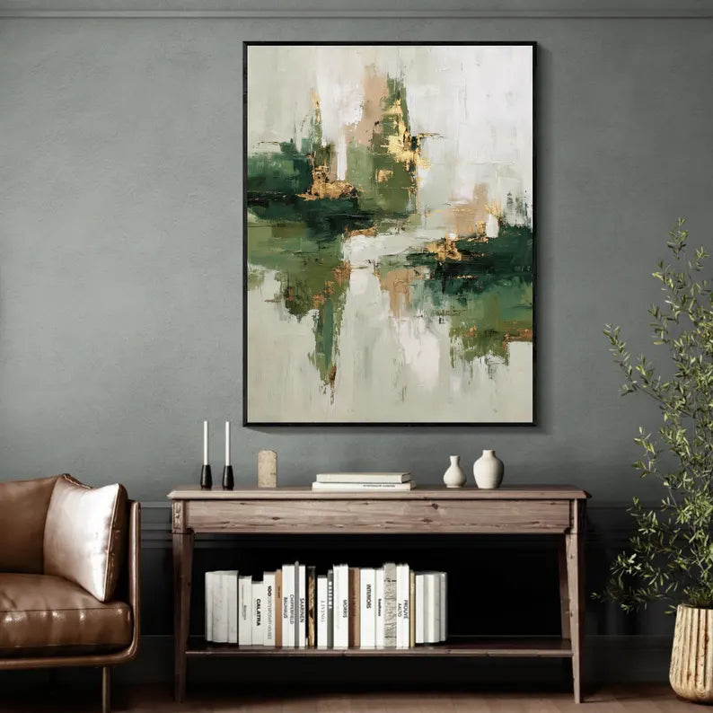 Large Green Abstract Landscape Wall Art – Modern Forest Tone Canvas Painting for Living Room Decor