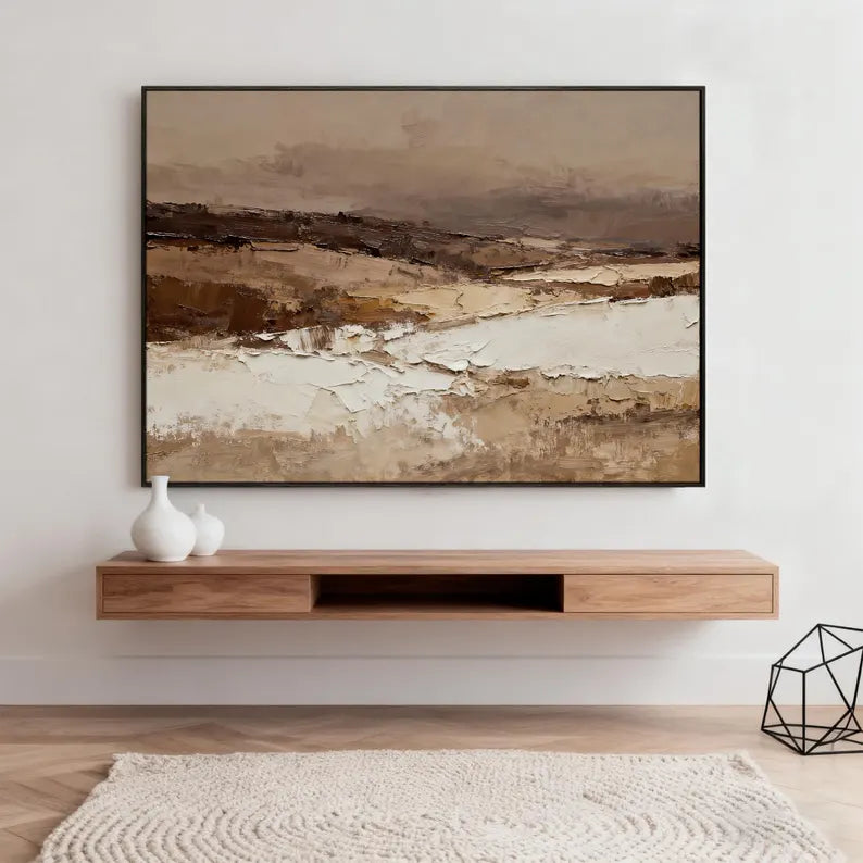 Neutral Abstract Landscape Wall Art – Modern Earth Tone Textured Canvas Painting for Living Room Decor