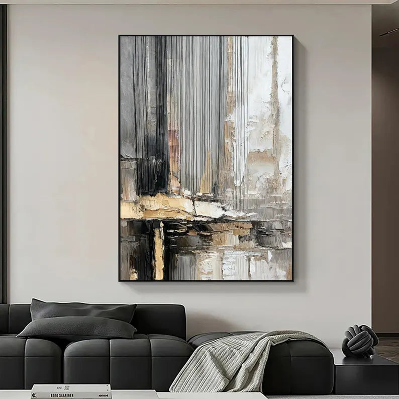 Large Neutral Textured Abstract Wall Art – Modern Vertical Canvas Painting for Contemporary Living Room Decor