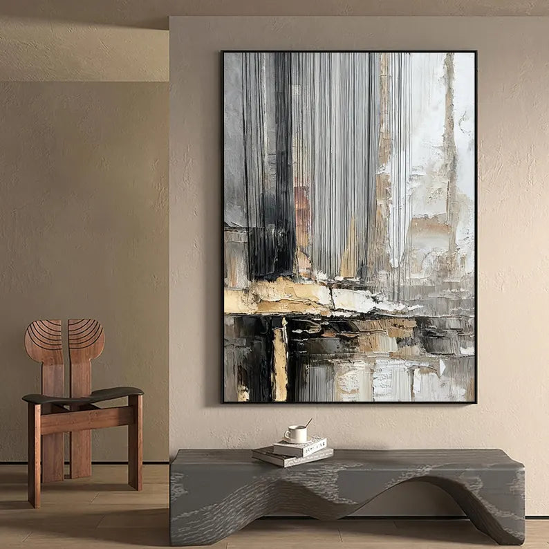 Large Neutral Textured Abstract Wall Art – Modern Vertical Canvas Painting for Contemporary Living Room Decor