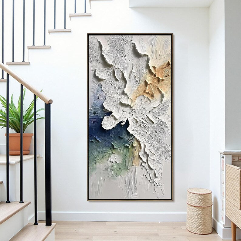Large Textured Abstract Wall Art – Modern Neutral and Blue Relief Canvas Painting for Living Room Decor