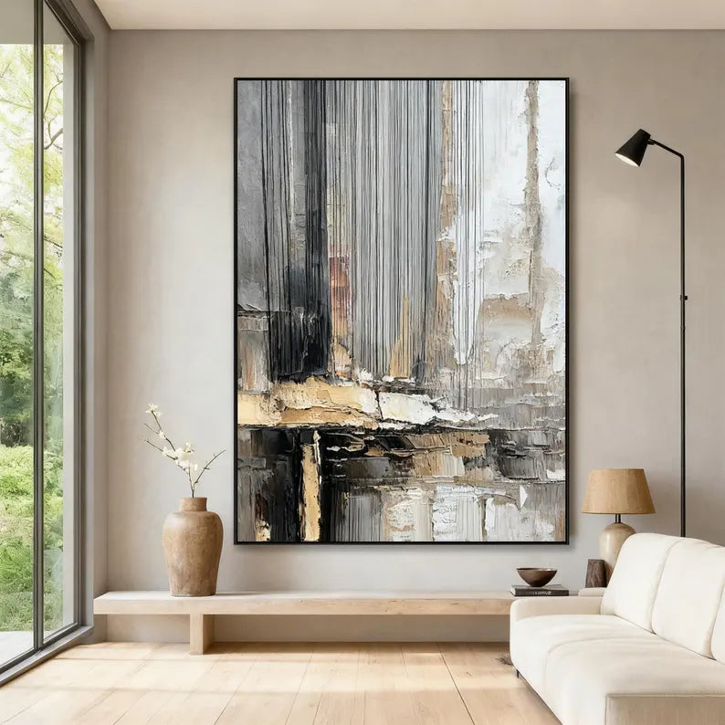Large Neutral Textured Abstract Wall Art – Modern Vertical Canvas Painting for Contemporary Living Room Decor