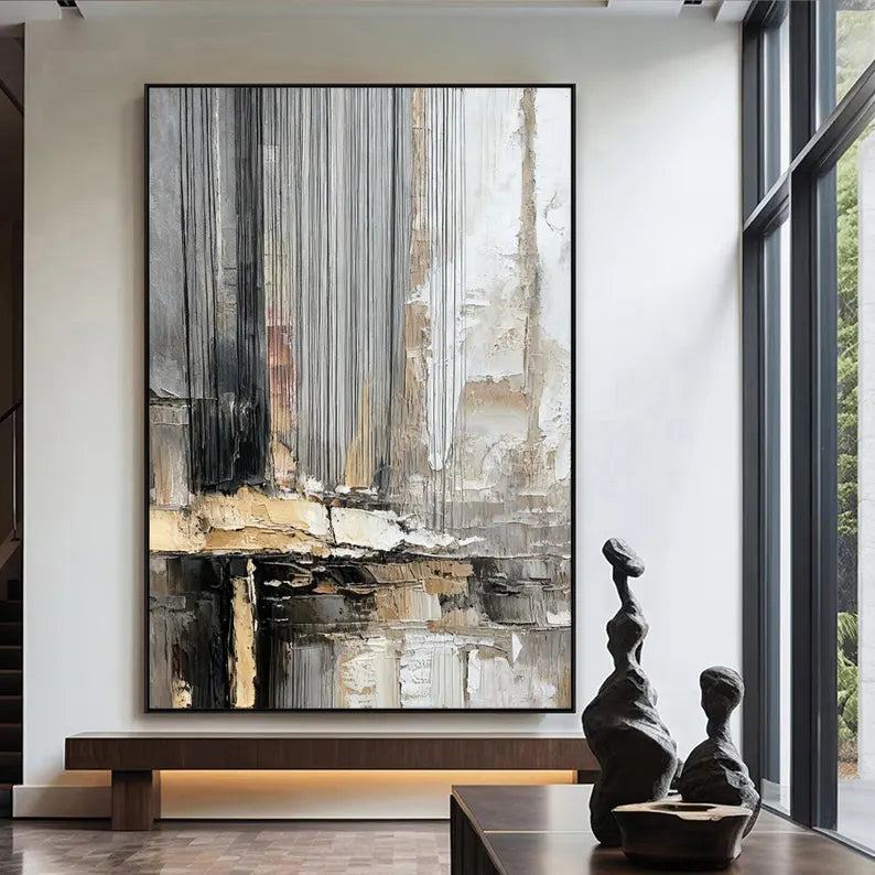 Large Neutral Textured Abstract Wall Art – Modern Vertical Canvas Painting for Contemporary Living Room Decor