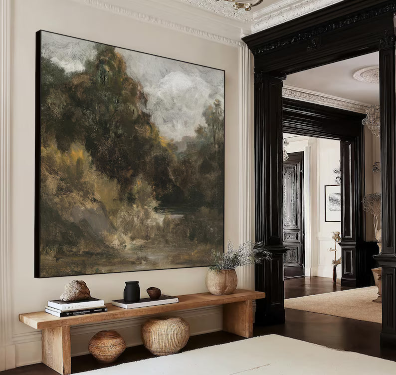 Large Abstract Forest Landscape Wall Art – Rustic Nature Oil Painting Canvas for Living Room