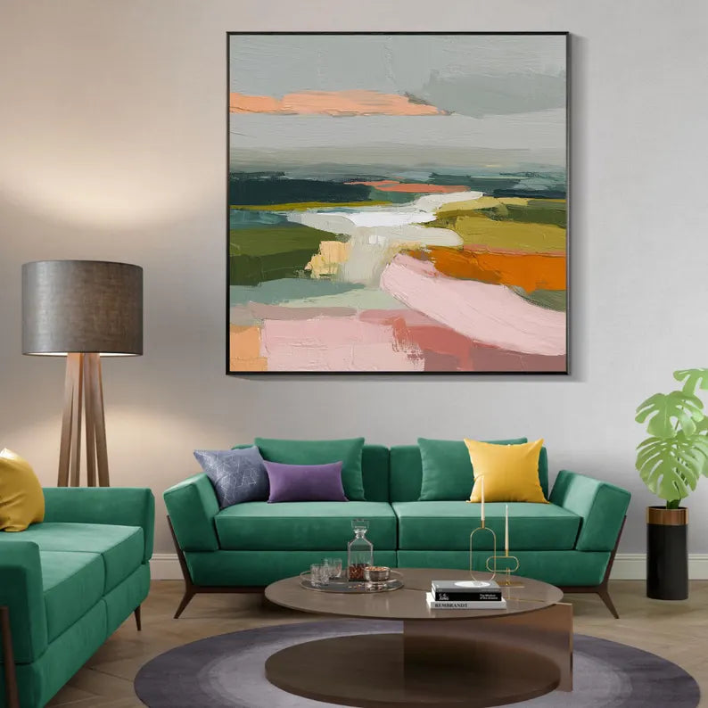 Colorful Abstract Landscape Wall Art – Modern Palette Knife Canvas Painting for Contemporary Living Room Decor