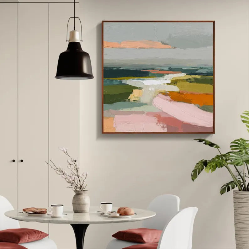 Colorful Abstract Landscape Wall Art – Modern Palette Knife Canvas Painting for Contemporary Living Room Decor