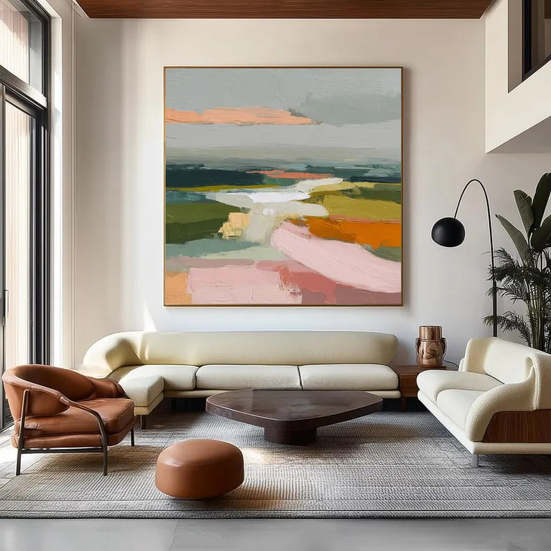 Colorful Abstract Landscape Wall Art – Modern Palette Knife Canvas Painting for Contemporary Living Room Decor