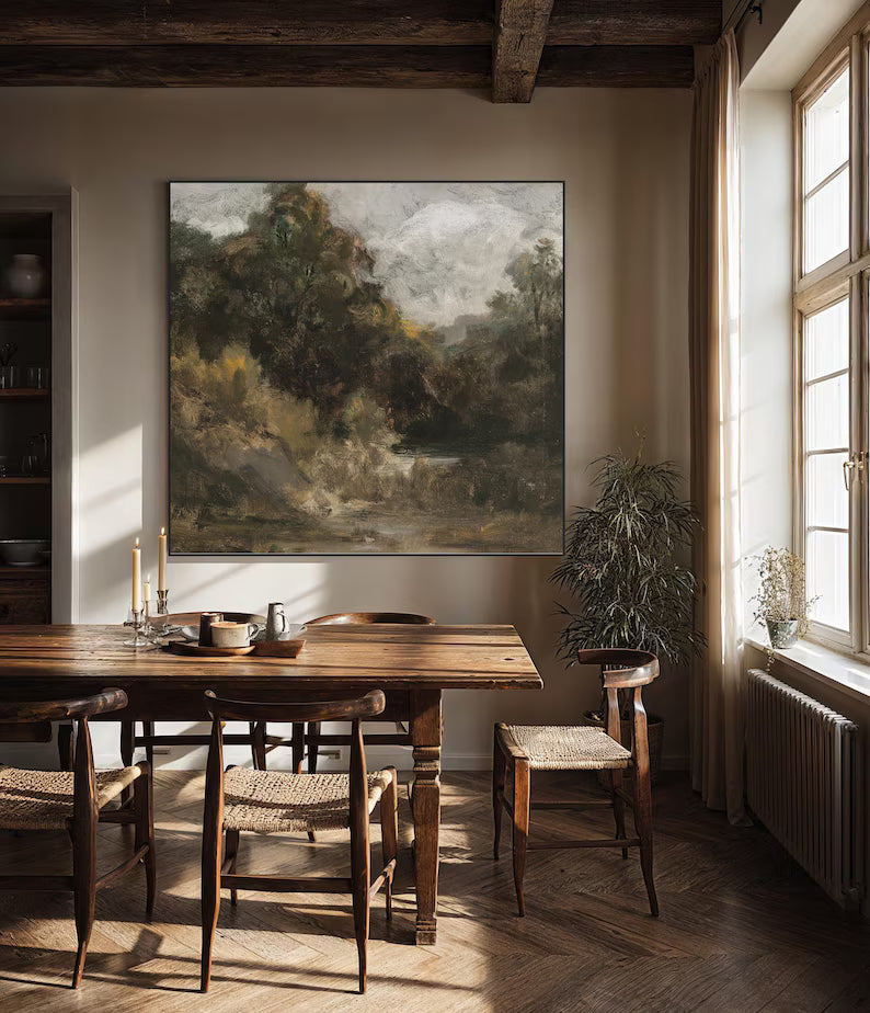 Large Abstract Forest Landscape Wall Art – Rustic Nature Oil Painting Canvas for Living Room