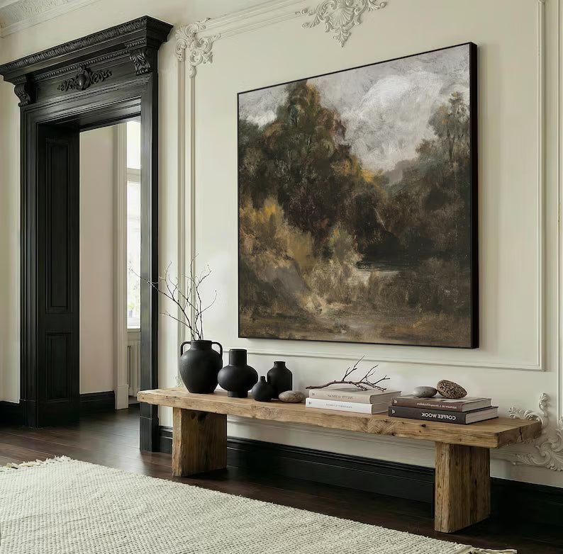 Large Abstract Forest Landscape Wall Art – Rustic Nature Oil Painting Canvas for Living Room