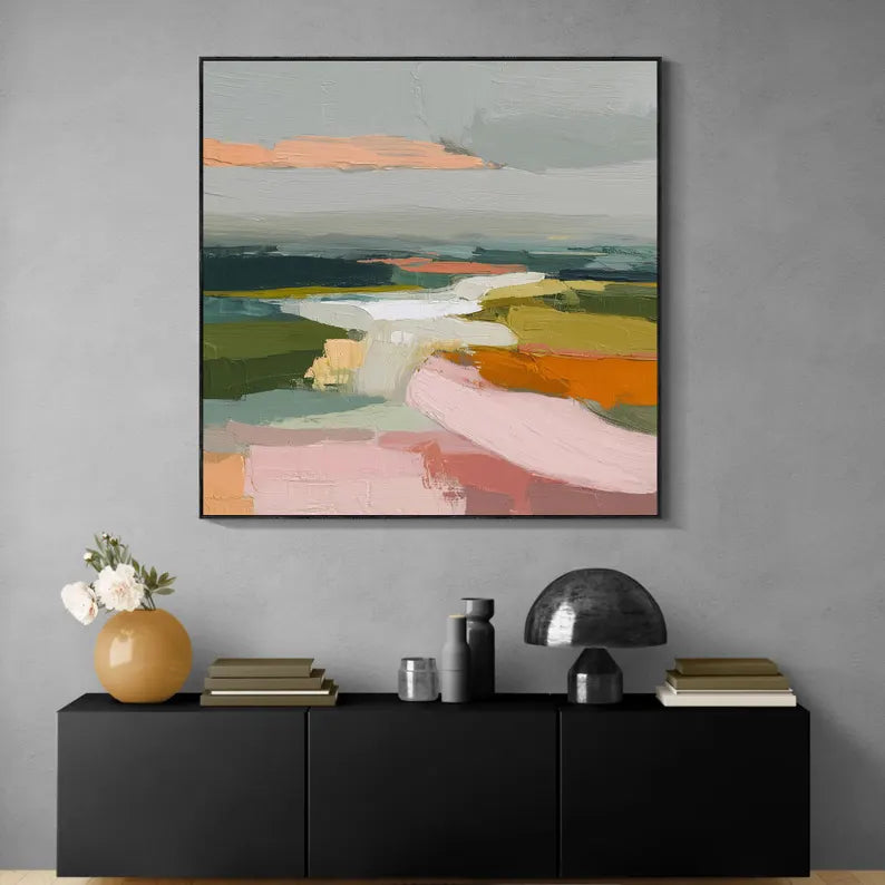 Colorful Abstract Landscape Wall Art – Modern Palette Knife Canvas Painting for Contemporary Living Room Decor