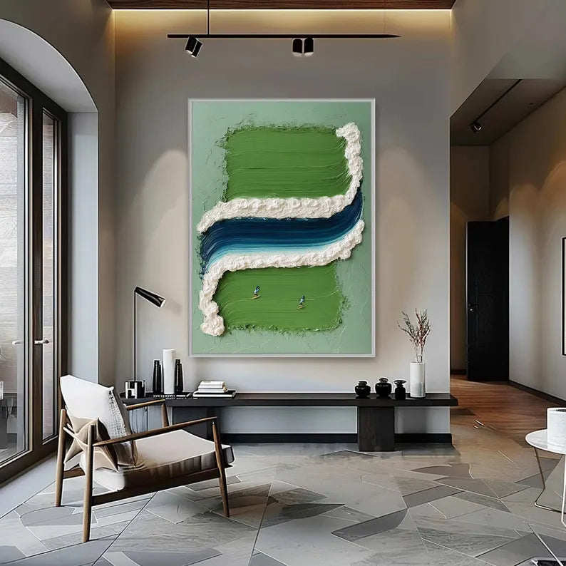 Large Green Abstract River Wall Art – Modern Textured Landscape Canvas Painting for Living Room Decor