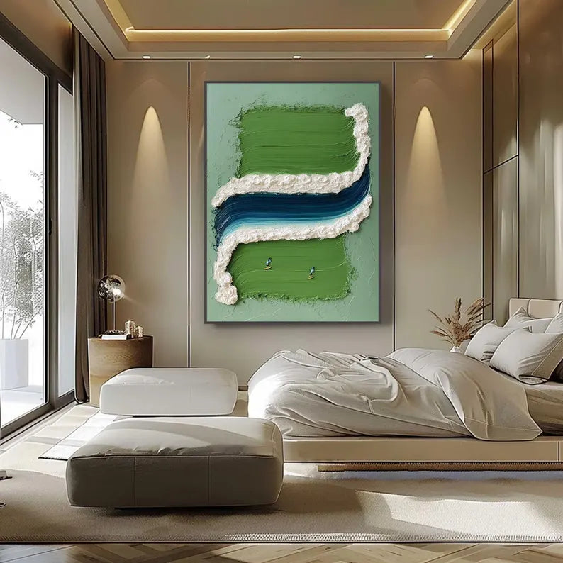 Large Green Abstract River Wall Art – Modern Textured Landscape Canvas Painting for Living Room Decor