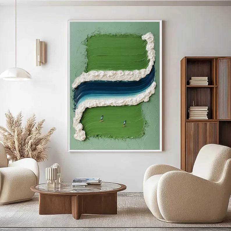 Large Green Abstract River Wall Art – Modern Textured Landscape Canvas Painting for Living Room Decor