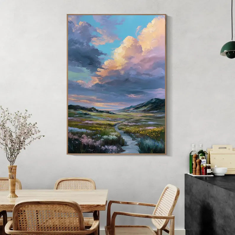Colorful Mountain Valley Landscape Wall Art – Dramatic Sky Nature Canvas Painting for Living Room Decor