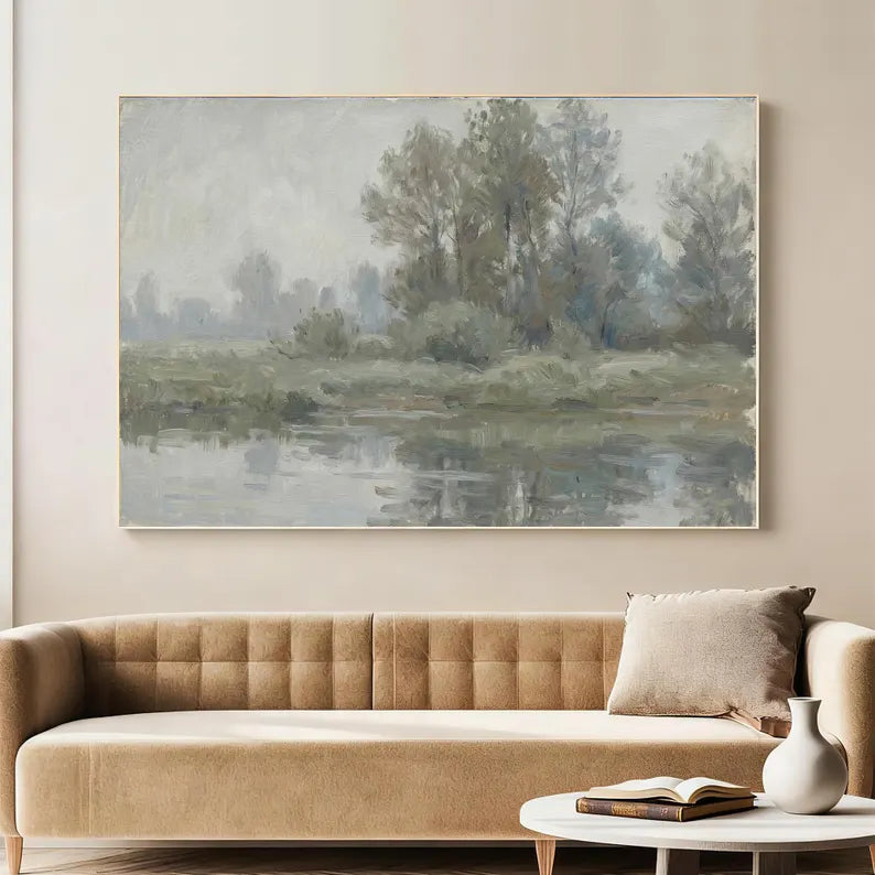 Serene River Landscape Wall Art – Soft Impressionist Nature Canvas Painting for Living Room Decor