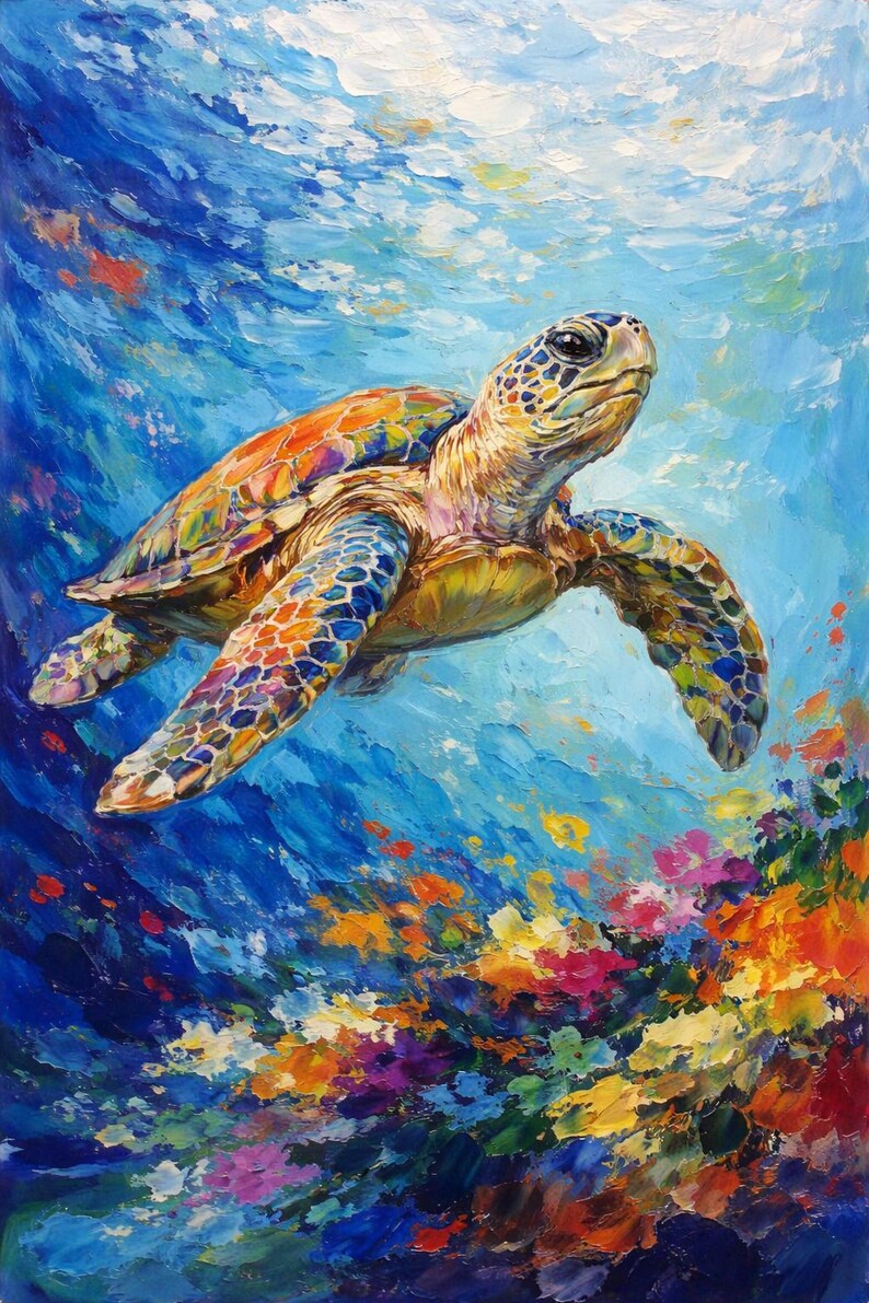 Large Colorful Sea Turtle Ocean Wall Art – Modern Underwater Marine Life Canvas Painting