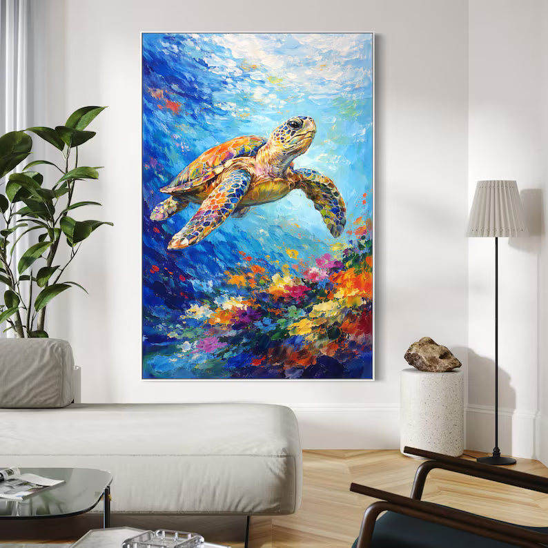 Large Colorful Sea Turtle Ocean Wall Art – Modern Underwater Marine Life Canvas Painting