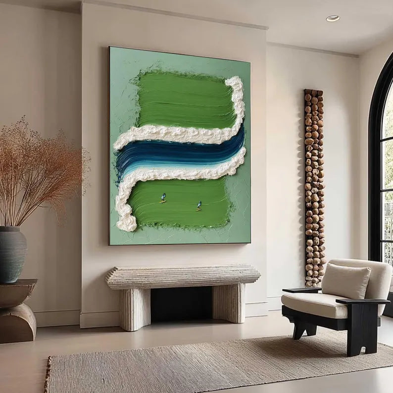 Large Green Abstract River Wall Art – Modern Textured Landscape Canvas Painting for Living Room Decor