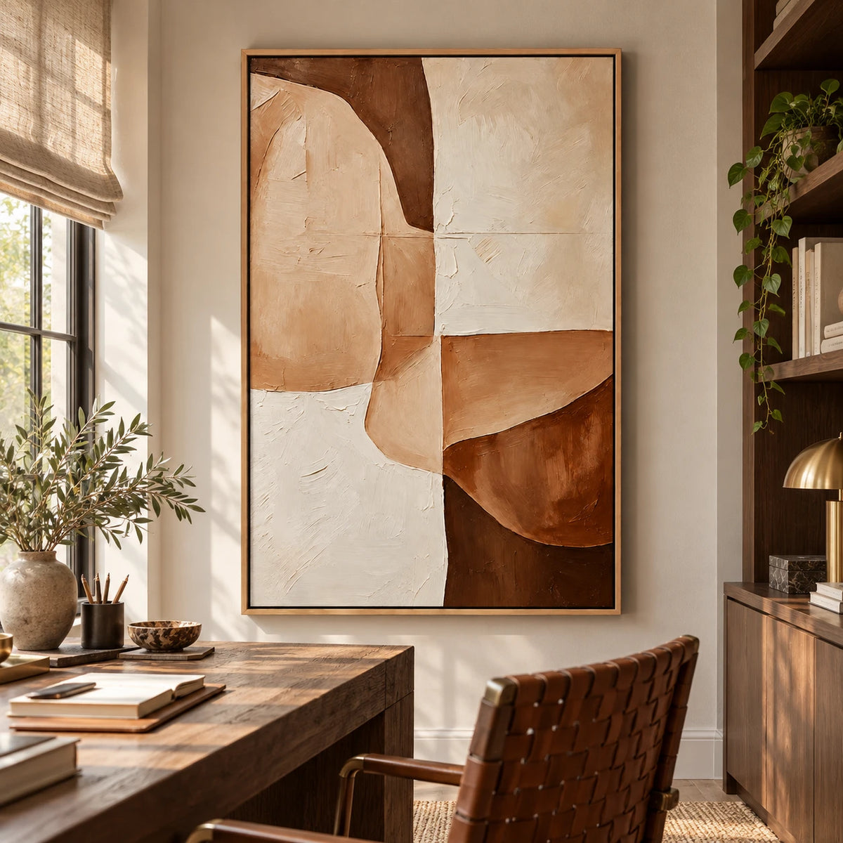 Ownanart Hand-Painted Beige Cream and Brown Organic Geometric Abstract Oil Painting – 3D Textured Vertical Impasto Canvas Wall Art for Living Room Bedroom Entryway and Office