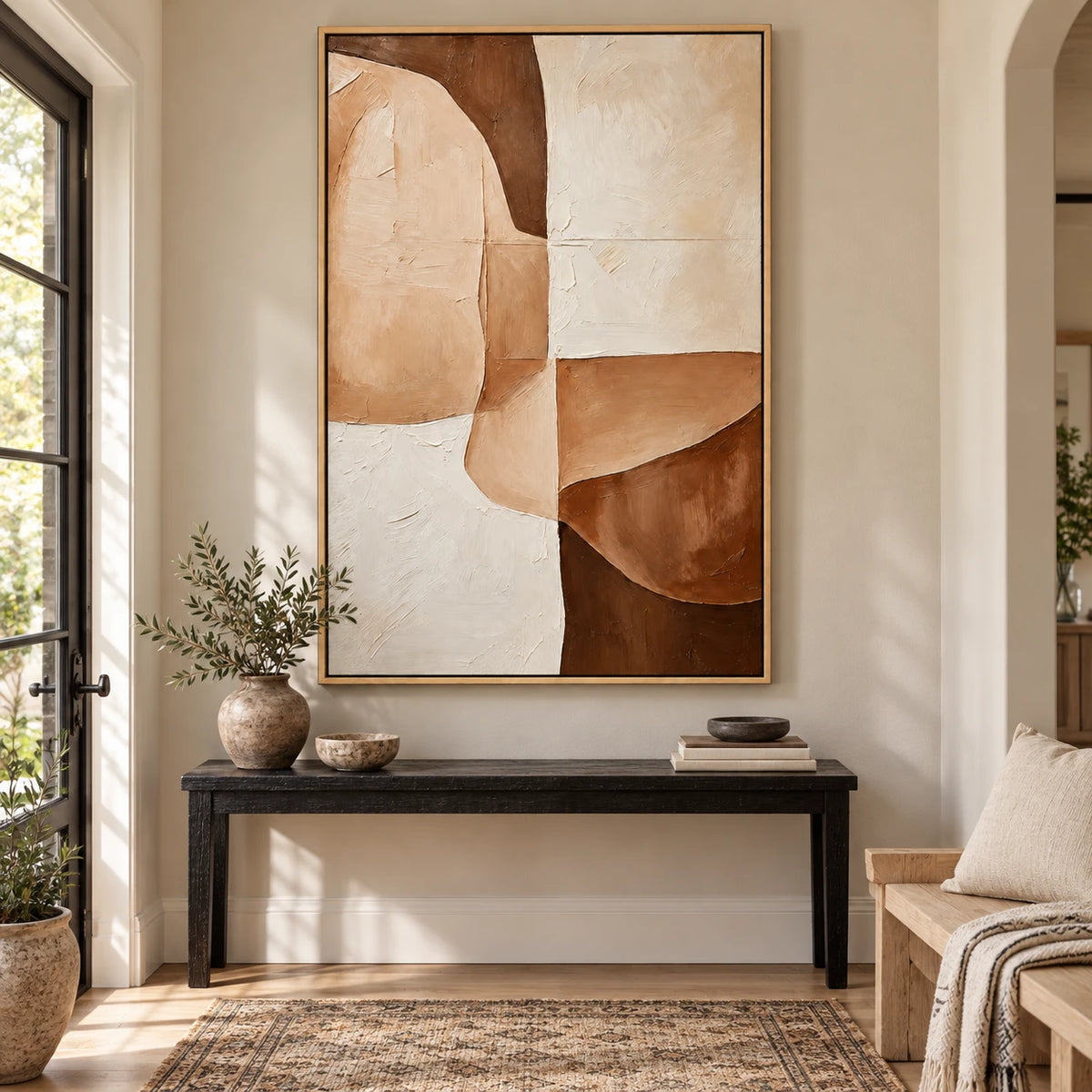 Ownanart Hand-Painted Beige Cream and Brown Organic Geometric Abstract Oil Painting – 3D Textured Vertical Impasto Canvas Wall Art for Living Room Bedroom Entryway and Office