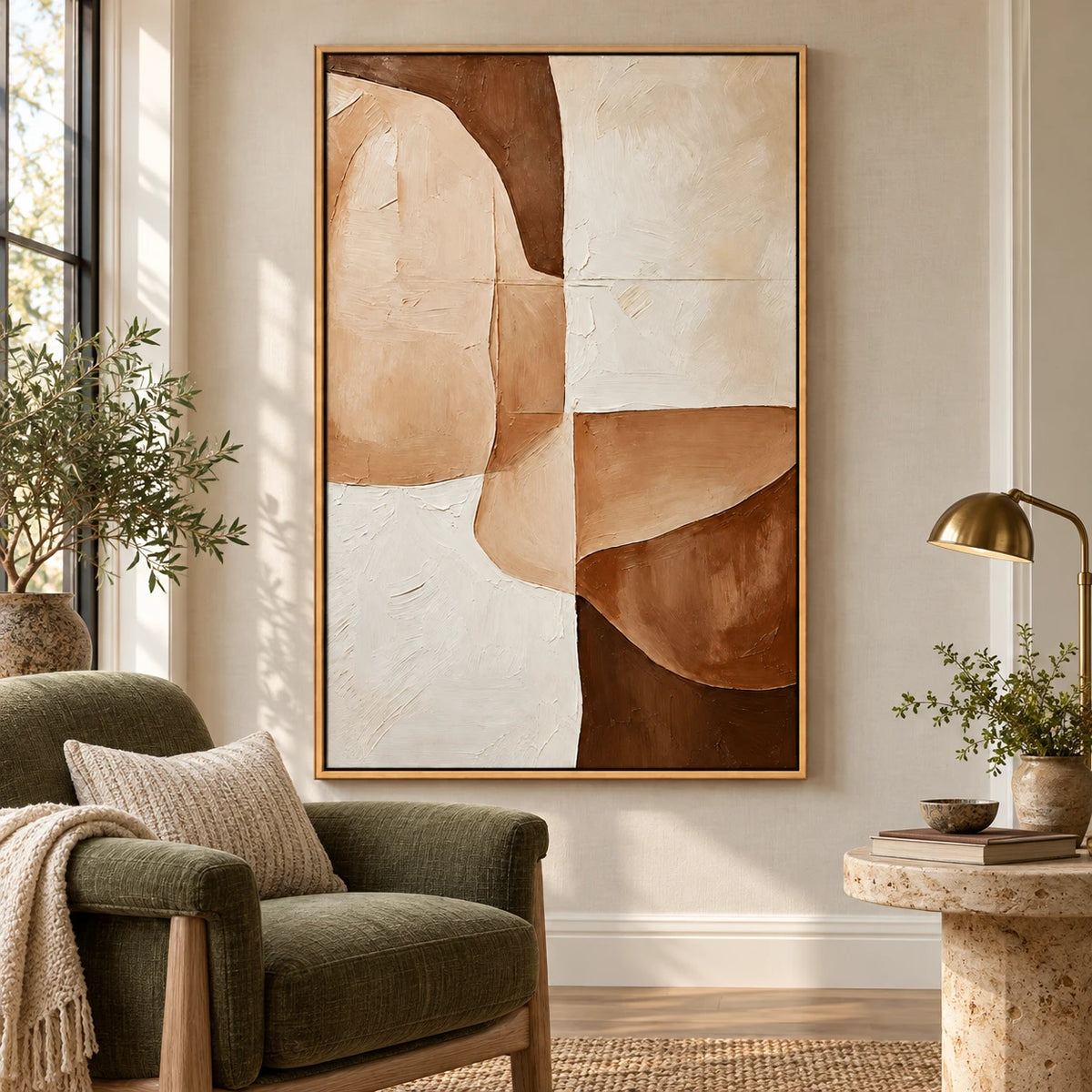 Ownanart Hand-Painted Beige Cream and Brown Organic Geometric Abstract Oil Painting – 3D Textured Vertical Impasto Canvas Wall Art for Living Room Bedroom Entryway and Office