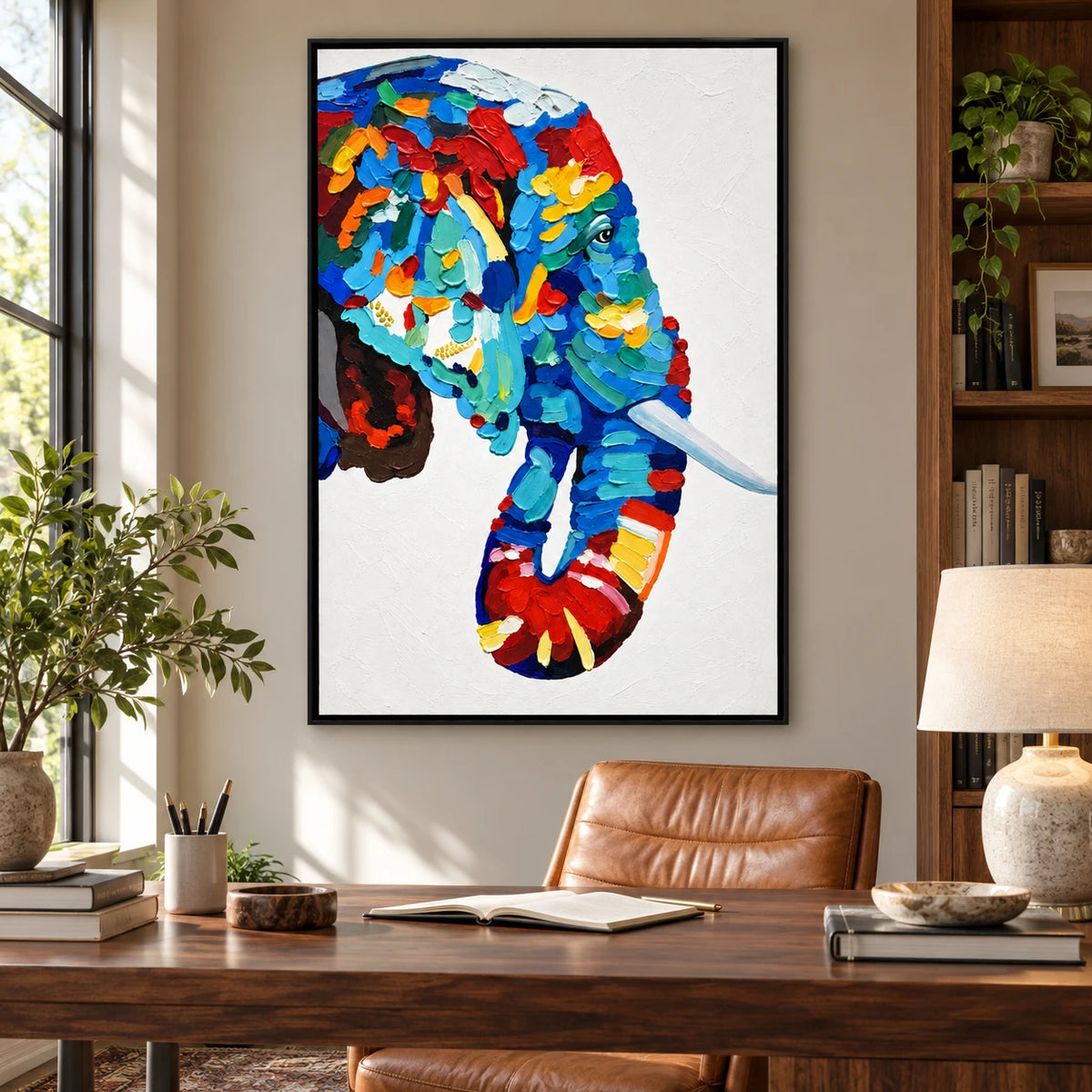 Ownanart Hand-Painted Colorful Blue Elephant Portrait with White Tusk Oil Painting – 3D Textured Vertical Impasto Canvas Wall Art for Living Room Bedroom Entryway and Office