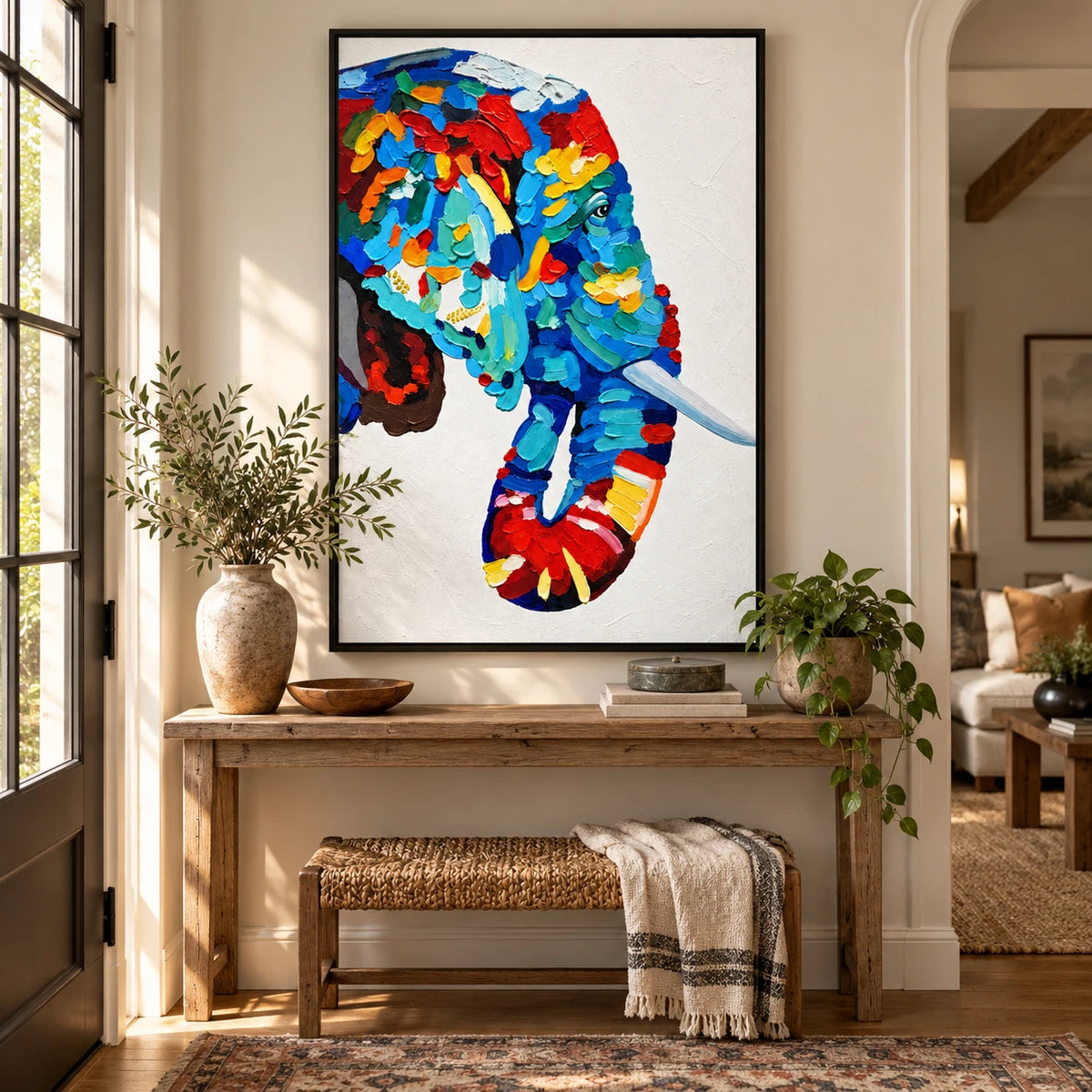 Ownanart Hand-Painted Colorful Blue Elephant Portrait with White Tusk Oil Painting – 3D Textured Vertical Impasto Canvas Wall Art for Living Room Bedroom Entryway and Office