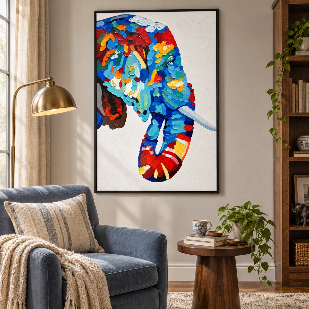 Ownanart Hand-Painted Colorful Blue Elephant Portrait with White Tusk Oil Painting – 3D Textured Vertical Impasto Canvas Wall Art for Living Room Bedroom Entryway and Office