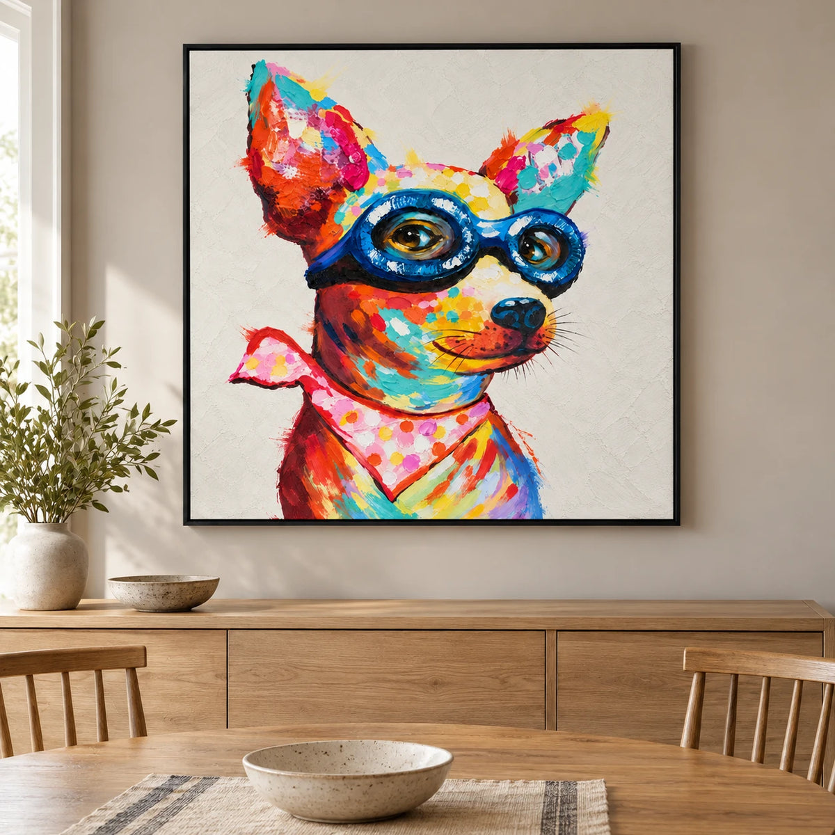 Ownanart Hand-Painted Colorful Chihuahua Dog Wearing Blue Glasses and Pink Bandana Oil Painting – 3D Textured Square Impasto Canvas Wall Art for Living Room Bedroom Entryway and Office