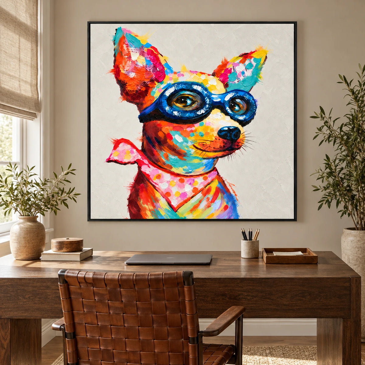 Ownanart Hand-Painted Colorful Chihuahua Dog Wearing Blue Glasses and Pink Bandana Oil Painting – 3D Textured Square Impasto Canvas Wall Art for Living Room Bedroom Entryway and Office