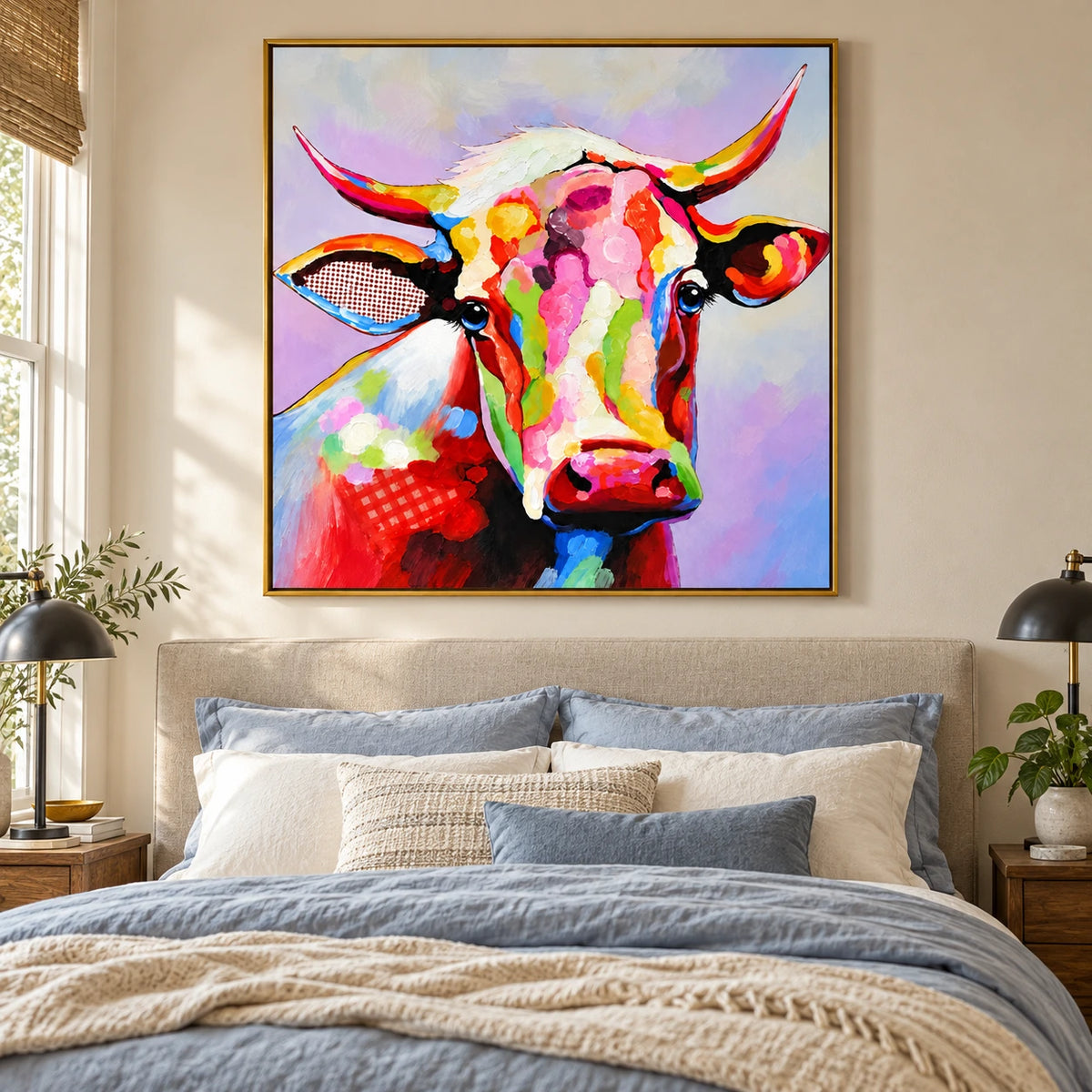 Ownanart Hand-Painted Colorful Cow Portrait with Pink and Yellow Horns Oil Painting – 3D Textured Square Impasto Canvas Wall Art for Living Room Bedroom Entryway and Office