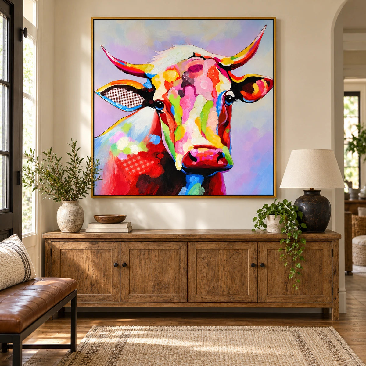 Ownanart Hand-Painted Colorful Cow Portrait with Pink and Yellow Horns Oil Painting – 3D Textured Square Impasto Canvas Wall Art for Living Room Bedroom Entryway and Office