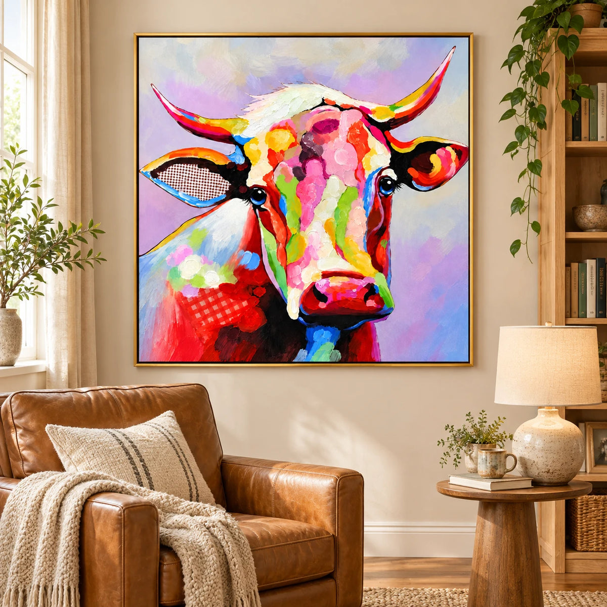 Ownanart Hand-Painted Colorful Cow Portrait with Pink and Yellow Horns Oil Painting – 3D Textured Square Impasto Canvas Wall Art for Living Room Bedroom Entryway and Office