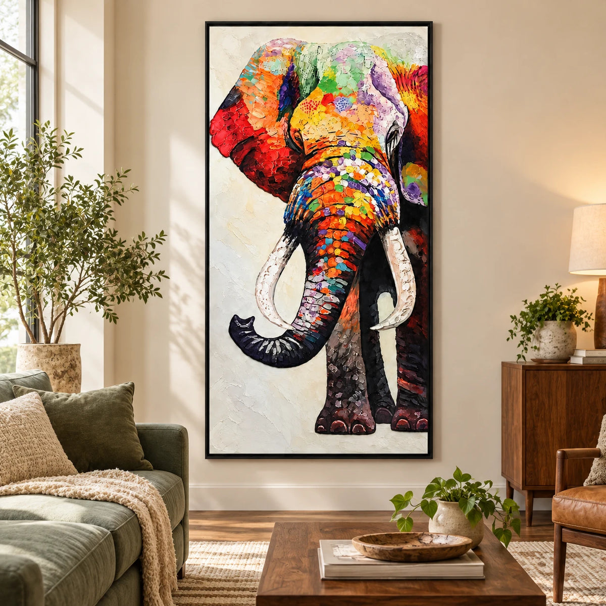 Ownanart Hand-Painted Colorful Elephant Portrait with White Tusks Oil Painting – 3D Textured Vertical Impasto Canvas Wall Art for Living Room Bedroom Entryway and Office