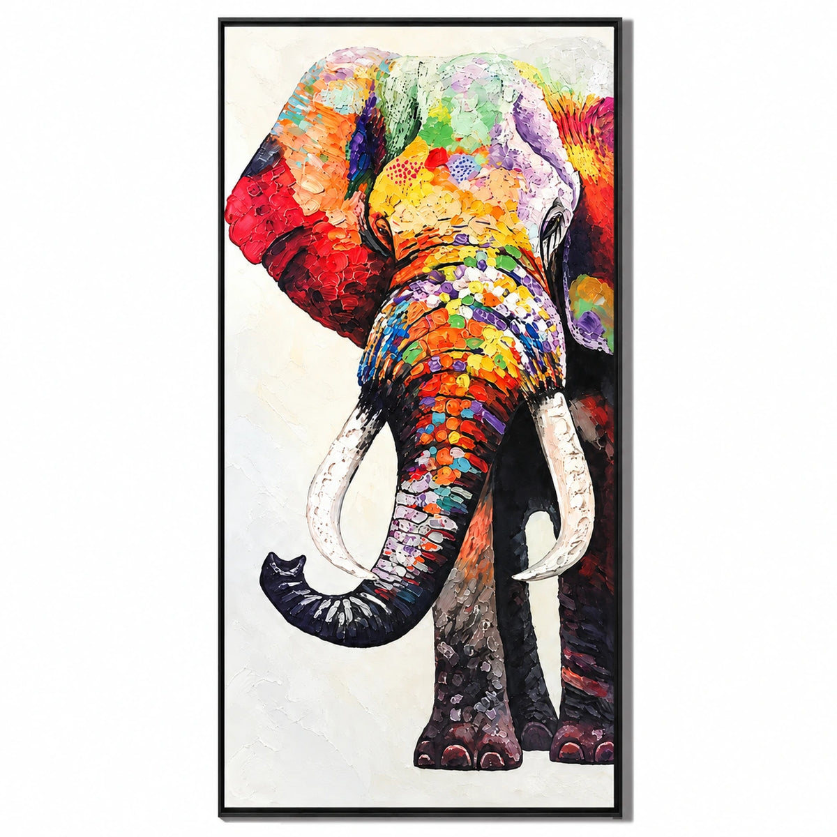Ownanart Hand-Painted Colorful Elephant Portrait with White Tusks Oil Painting – 3D Textured Vertical Impasto Canvas Wall Art for Living Room Bedroom Entryway and Office